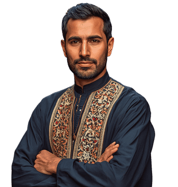 Homme portant un caftan algérien moderne en tissu fluide blanc albâtre, style minimaliste et élégant pour un vestiaire nomade haut de gamme.