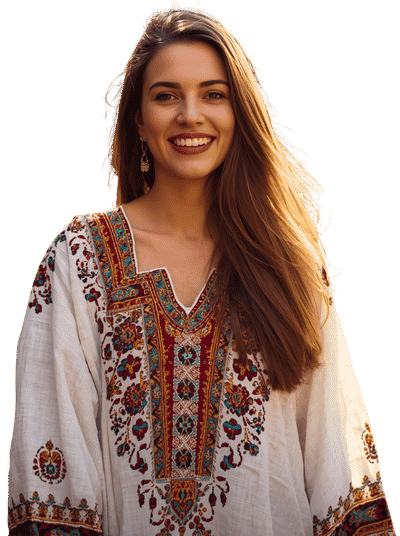 Femme algérienne portant des vêtements traditionnels du Maghreb et des accessoires artisanaux de la collection Maison Taziri.